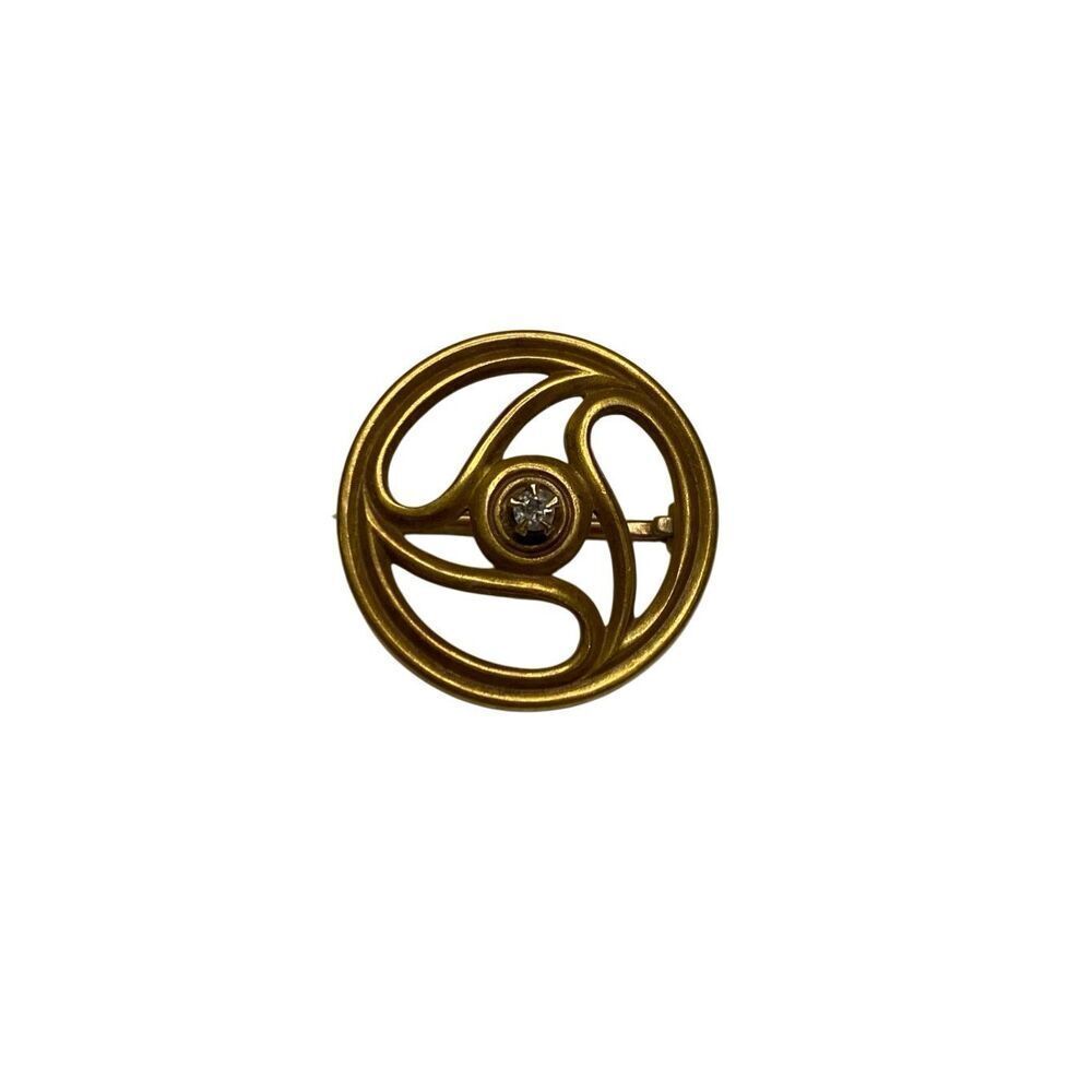 Vintage 14K Gold Swirl Brooch Pin Mid Century Clear Stone JFF Fine Jewelry